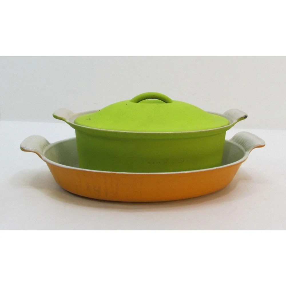VG LE CREUSET CAST IRON 28 Yellow ORANGE CASSEROLE BAKING DISH FRANCE Green Lid - Picture 3 of 10